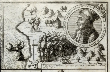 NUNEZ DE BALBOA, Vasco (1475-1517). Angielski odkrywca i zdobywca. Hiszpania. Hiszpańska kolonizacja (1513). Vasco Nunez opanowujący Morze Południowe. Zdjęcie z 1728 roku. Rycina.