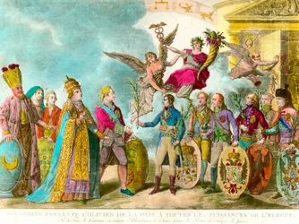Napoleon Bonaparte (1769-1821) przedstawia drzewo oliwne pokoju wszystkim mocarstwom Europy. Grawer 1801 Kolekcja prywatna