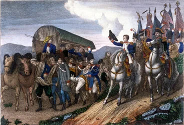 Napoleon salutuje rannym żołnierzom. Grawerowanie z XIX wieku.