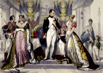 Dynastia napoleońska od 1804 do 1815 r. Józefina, Napoleon I, król Rzymu, Maria Ludwika. Rycina XIX wieku.
