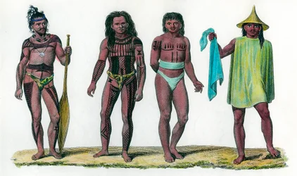 Naturalne wyspy Uros Penelope i Aouar, populacja kontynentu Oceanii. Grawerowanie XVIII wieku. Prywatna kolekcja.