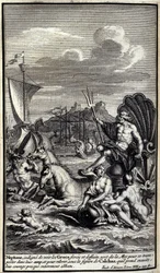 Neptun, niegodny widoku sił i czynów Greków, opuszcza morze, by przenieść się do ich obozu i wstać pod postacią Kalchasa, którą następnie bierze, ich odwaga prawie całkowicie zniszczona. Ilustracja księgi XIII Iliady z