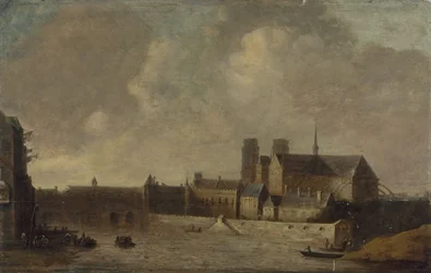Notre-Dame i Pałac Arcybiskupi widziane z Quai de la Tournelle, ok. 1640 r., dzisiejsza 4. dzielnica, między 1635 a 1645 r. (olej na drewnie)
