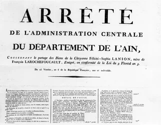 Rozkaz administracji centralnej departamentu Ain - Rochefoucauld Family Archives.