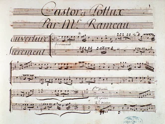 Strona partytury muzycznej Castor et Pollux, tragedia liryczna Rameau (1737)