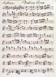 Strona z nutami na pierwsze skrzypce I Symfonii. 4 in D Mozarta (1765)