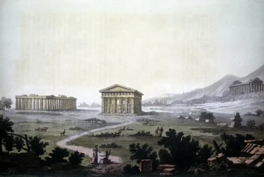Obraz przedstawiający świątynie Paestum, obecne Capaccio.