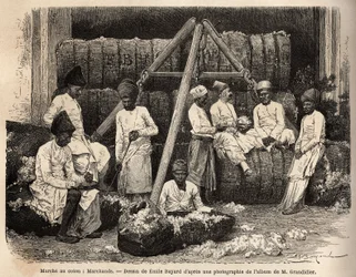 Dilerzy i kupcy Parsi na targu bawełny w Bombaju. Rycina ilustrująca podróż w południkowych prowincjach Indii, autorstwa Alfreda Grandidiera, w latach 1862-1864, opublikowana w „Le tour du monde”” 1869, pod redakcją Edouarda Chartona, wyd. Hachette, Par.