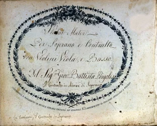 Podział „”Stabat Mater”” przez Jeana Baptiste Pergolese (Giovanni Battista Pergolesi, Jean-Baptiste) 1710-1736. ""Stabat Mater na sopran i alt ze skrzypcami, altówką i basem.""