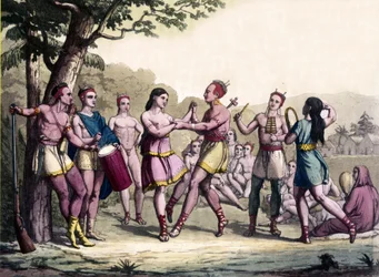 Scena imprezowa wśród Indian Irokezów. Grawerowanie z XVII wieku.