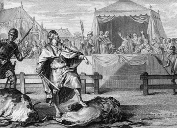Pepin le Brief (714-768), nowy król Franków, udowadnia swoją odwagę, walcząc na arenie z lwem i bykiem, 751. Rycina z XVIII wieku.