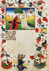 Petrarca trafiony strzałą Kupidyna i noszący koronę laurową, wstęp do sonetu Ty, który słyszysz dźwięk, w rozproszonych rymach, z Trionfi Francesco Petrarca (1304-1374), iluminowana strona z XV-wiecznego rękopisu
