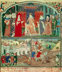 Philippe the Bel trunant (1268-1314) ze sceną orki i sceną kupiecką. Miniatura w „Livre du régime des princes” Gillesa de Rome (v.1247-1316), Paryż, B N