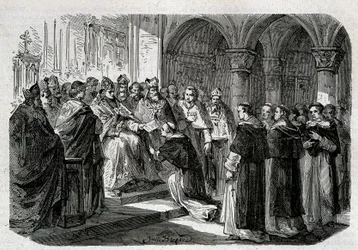Papież Adrien II (792-872) przekazał jednemu ze swoich legatów bańkę ekskomuniki przeciwko Lordowi Normandowi. Grawerunek - w „Historii Papieży”, sd. 19 wiek.