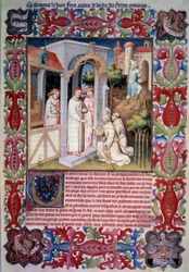 Papież Jan XXII powierza Odoricowi z Pordenone (franciszkańskiej) misję ewangelizacji Morza Zamorskiego. Mężczyźni prowadzący kuropatwy do Trabzonu. Broń i emblemat Jean Bez lęków. Broń Jeana de Berry. Miniatura w „Itinerarium”. Księga Cudów”,