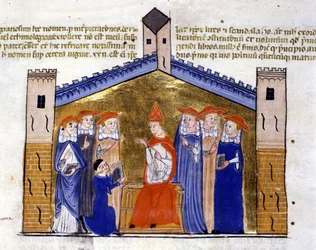Papież Jan XXII z Awinionu otrzymuje od autora aparat Klemensa V (Schizma). Rękopis z XV wieku. Biblioteca Nazionale Braidense, Mediolan.