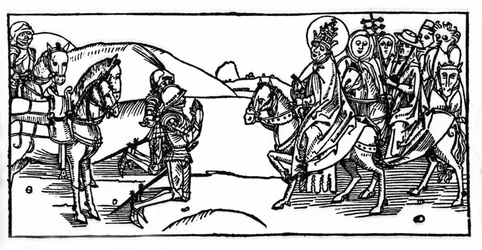 Papież Leon I spotyka Attylę i zatrzymuje go - Grawerowanie z „Leben der Heiligen - sommerteil” (Księga świętego) Jakuba (Jakuba) z Voragine (1228-1298). Lubeka 1488.