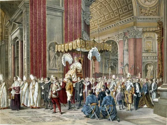 Papież Pius IX (1792-1846) udał się na uroczystość otwarcia w dniu 08.12.1869 I Soboru Watykańskiego w Bazylice św. Piotra. Jest na Sedia Gestatoria. Ilustracja okresu.