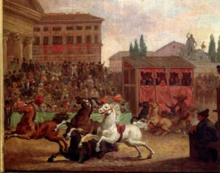 Popularne uroczystości: „” Rasa (lub palio) „”Barberi”” Anonimowe malarstwo z XVIII wieku. Rzymskie Museo del Folklore