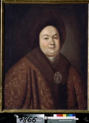 Portret carycy Eudoksji Fiodorownej Lopukhiny (1669-1731), żony Piotra I Rosji (Portret carycy Evdokiy Fiodorovny Lopukhiny, żony cara Piotra I Rosji). Anonimowe malowanie. Olej na płótnie, 80 x 63 cm, początek XVIII wieku. st