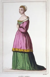Portret Agnes Sorel (1422-1450) (Pani Beaute sur Marne) (Beaute-sur-Marne). Ulubieniec króla Karola VII. grawerunek z 1830