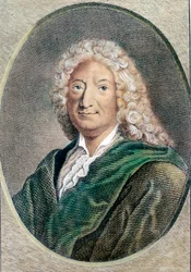 Portret Alaina Rene Lesage (Alain-Rene Le Sage) (1668-1747), francuskiego pisarza. Rycina z XVIII wieku. Prywatna kolekcja