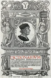 Portret Antonia Martíneza de Cala, zwanego Antoniem de Nebriją (1441-1522), hiszpańskiego humanisty i gramatyka. Wyklejka jego słownika, opublikowanego w 1536. Biblioteka Narodowa w Madrycie.
