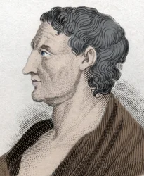 Portret Arystotelesa, znanego jako Stagiryta, po grecku Aristoteles, greckiego filozofa (384 p.n.e. do 322 p.n.e.). Rycina z XIX wieku.