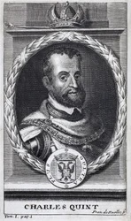 Portret Karola V (1500-1558), króla Hiszpanii i Ameryki hiszpańskiej, króla Sycylii i cesarza germańskiego Świętego Cesarstwa Rzymskiego (1519-1556). Grawerowanie ilustrujące „Historię wojny o Flandrię” Flamianusa Strady, wydanie Joseph T