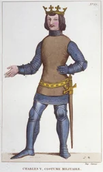 Portret Karola V Mądrego w stroju wojskowym (1338 - 1380). rycina z 1830