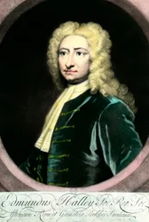 Portret Edmonda (Edmunda) Halleya (1656-1742), brytyjskiego astronoma”” Rycina XVIII-wiecznej Collection Particuliere