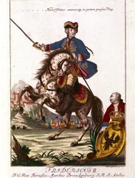 Portret Fryderyka II Pruskiego (1712-1786) zwanego Fryderykiem Wielkim. Rycina z XVIII wieku. .