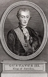 Portret Gustawa III (1746-1792), króla Szwecji od 1771 do 1792 rycina z 1787 r. „Zbiór Żołnierzy minionych lat”