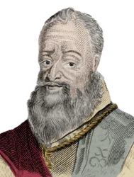 Portret Henri Percy (Henry Percy) (1564-1632), dziewiątego hrabiego Northumberland, zwanego czarodziejem hrabią, uwięzionego za udział w spisku prochu (1605). Rycina XIX wieku.