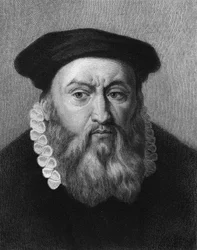 Portret Jeana Calvina (1509 - 1564), francuskiego reformatora religijnego i pisarza - w „Histoire des Français” Lavallée, rycina, b.d.