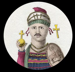 Portret Justyniana I (Wielkiego) (Flavius Petrus Sabbatius Justinianus) (482-565). Cesarz rzymski Orientu. Rycina XIX wieku.