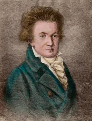 Portret Ludwiga van Beethovena (1770 - 1827), niemieckiego kompozytora. Rycina XIX wieku. Prywatna kolekcja.