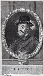 Portret Filipa II Hiszpańskiego (Felipe) (1527-1598), króla Hiszpanii i Portugalii. Grawerowanie ilustrujące „Historię wojny o Flandrię” Flamianusa Strady, wydanie Joseph T