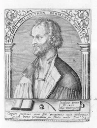 Portret Filipa Melanchtona (Melanchtona) (1497 - 1560), niemieckiego reformatora religijnego. Rytownictwo.