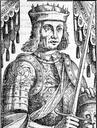 Portret Rogera II z Hauteville (Ruggero Altavilla) (1097-1154), założyciela monarchii Sycylii. Xilografia XVI wieku.