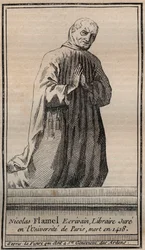 Portret francuskiego alchemika Nicolasa Flamela (1330-1418) - Grawerowanie - Portret angielskiego alchemika Nicolasa Flamela - Grawerowanie Kolekcja prywatna