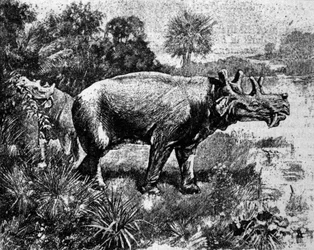Prehistoria: przedstawienie czterorożnego dinozaura Uintatherium.