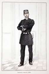 Główny Inspektor (1894). Akwaforta w kolorach, dla ilustracji „Historia korpusu sił pokojowych””” książka wydana pod auspicjami Louisa Lepine’a (1846-1933) prefekta policji nad Sekwaną, autorstwa Alfreda Reya (1864-?) i Louisa Ferona (1862) -?)