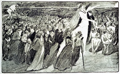 Procesja podczas pielgrzymki w Lourdes, alegoria Teofila Alexandre Steinlena (1859 - 1923) ilustrująca „Lourdes” Emila Zoli (1840-1902) zaczerpnięta z „Gil Blas illustrious””