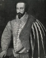 Raleigh, sir Walter (1554-1618). Angielski żeglarz, odkrywca i makler. Portret Sir Waltera Raleigha. Wygrawerowany w 1891 roku, wykonany na podstawie anonimowego oryginału zachowanego w National Portrait Gallery w Londynie. Rycina.