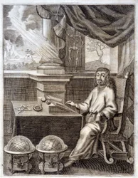 René Descartes (1596 - 1650) w swoim gabinecie ze sprzętem naukowym. Rycina z XVII wieku.