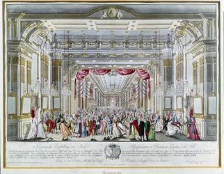Przedstawienie „Łaskawości Tytusa” Wolfganga Amadeusza Mozarta (1756-1791) podczas uroczystości koronacyjnych cesarza Austrii Leopolda II (1747-1792) na króla Czech w 1791 roku, w teatrze przy ulicy Królewskiej w Pradze. Muzeum Praskie