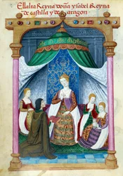 Reprezentacja królowej Izabeli Portugalskiej Izabeli Aragońskiej (1271-1336) w otoczeniu jej towarzyszy i Pedro Marcuello, który ofiarowuje jej książkę. Strona rękopisu zaczerpnięta z „”Zbioru kultu królowej Joanny Folle (1479-1555) Hiszpanii”” autorstwa