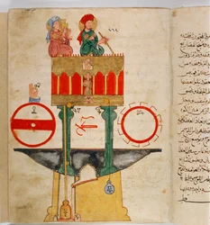 Przedstawienie przyrządu zaprojektowanego przez tureckiego inżyniera Ibn al-Rajjaja al-Jazari (Al Rajjaj Al Jazari) (1136-1206) do pomiaru ilości krwi Wynalazek zaprojektowany przez tureckiego inżyniera Ibn al-Rajjaj al-Jazari (Al Rajjaj Al Jazari) (1136) 