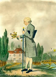 Reprezentacja szwajcarskiego filozofa Jeana Jacquesa Rousseau (1712-1778) zbierającego kwiaty w Ermenonville. Rycina z XVIII wieku. Prywatna kolekcja.